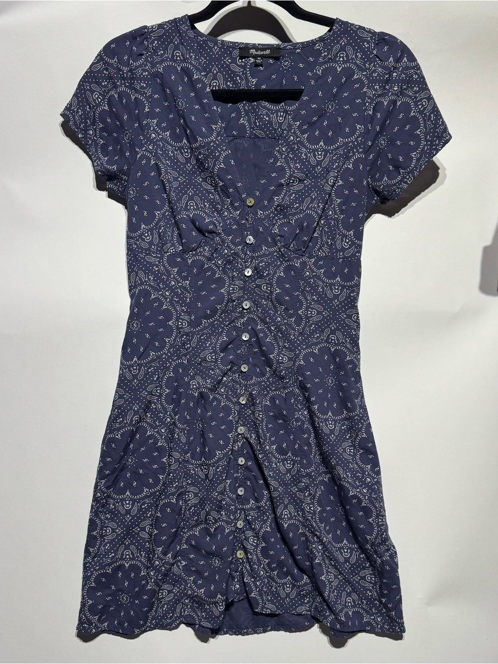 Madewell Paisley Blue Mini Dress with Button Front